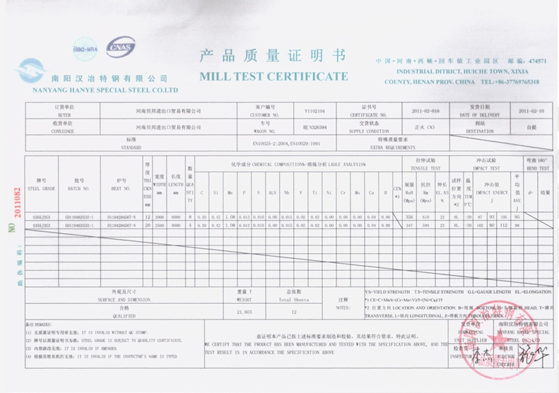S355J2 hot rolled low alloy high yield steel plates to EN10025(93) designation