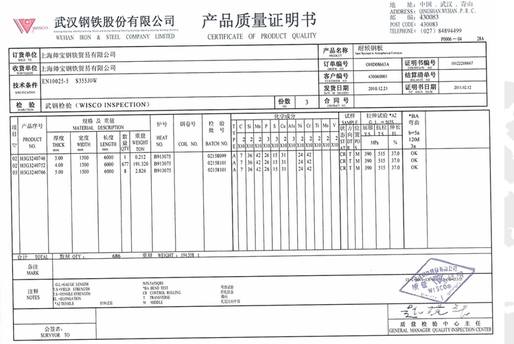 S355J0WP(1.8945) weathering steel plates/sheets accustomed to EN10155 designation